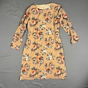 Diya Kurti Dress Medium Tan Floral Long Sleeve Tunic Boho Side Slit